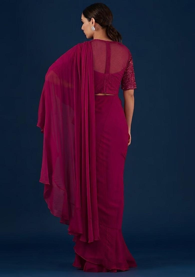 Rani Pink Handwork Pre Draped Saree Set - Indya