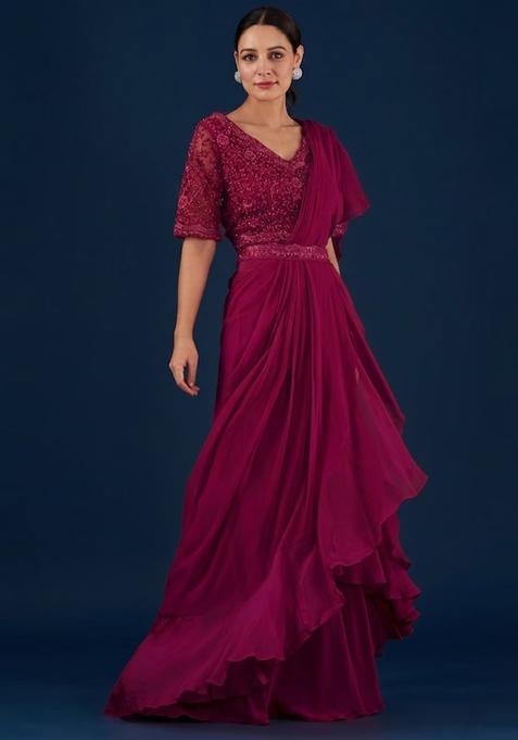 Deep Burgundy Embroidered Handwork Pre Draped Saree Set