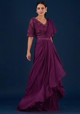 Purple Handwork Pre Draped Saree Set