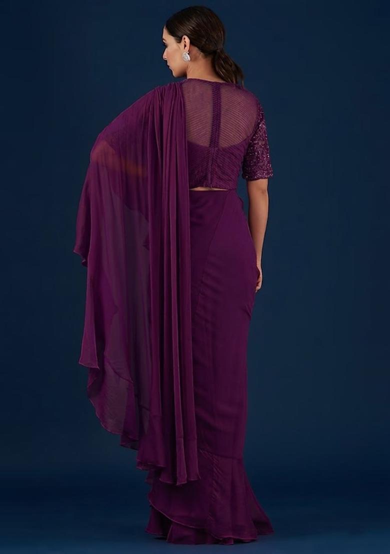 Purple Handwork Pre Draped Saree Set - Indya