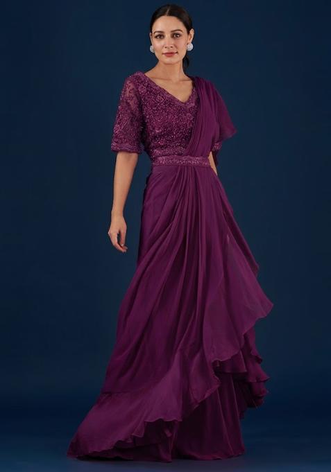 Deep Burgundy Embroidered Handwork Pre Draped Saree Set