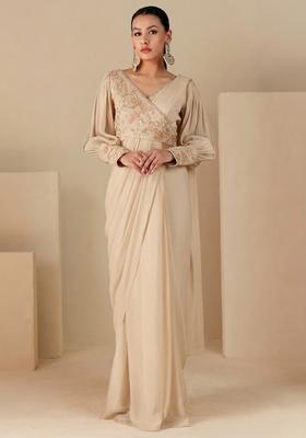 Champagne Handwork Pre Draped Saree Set