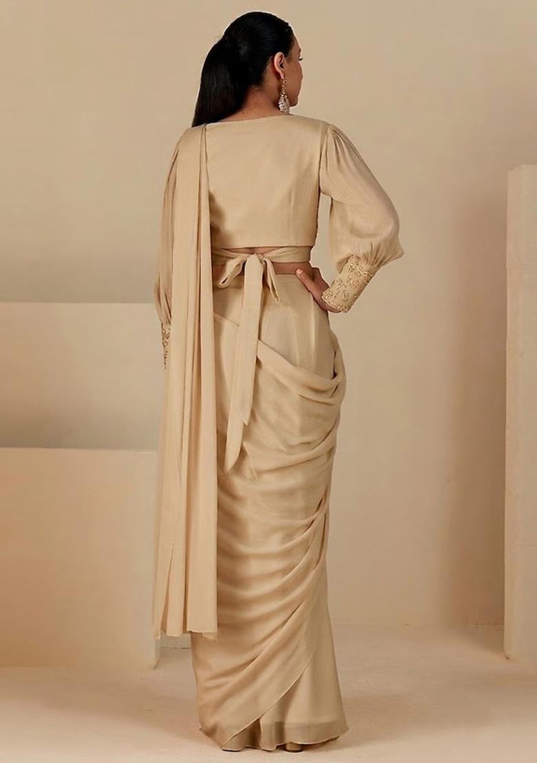 Champagne Handwork Pre Draped Saree Set - Indya
