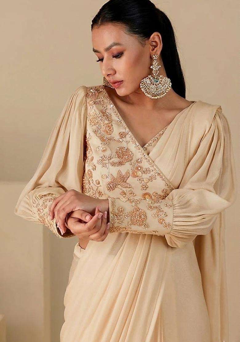 Champagne Handwork Pre Draped Saree Set - Indya