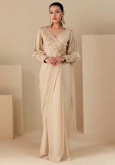 Champagne Beige Embroidered Handwork Pre Draped Saree Set