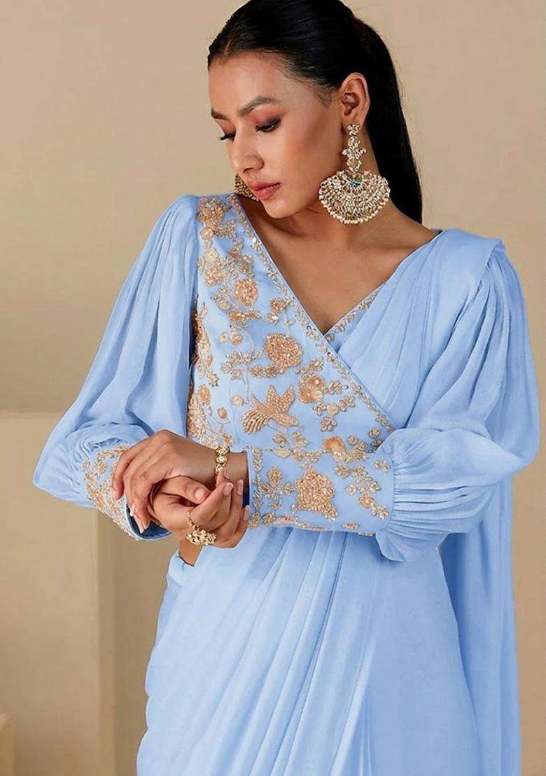 Blue Handwork Pre Draped Saree Set - Indya