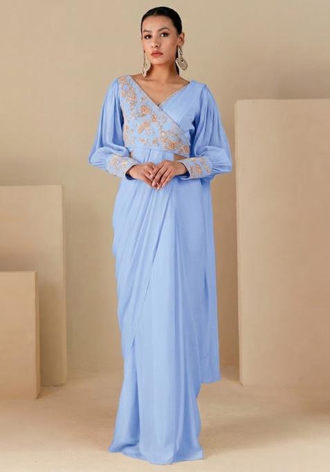 Sky Blue Embroidered Handwork Pre Draped Saree Set