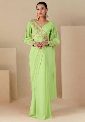 Green Handwork Pre Draped Saree Set