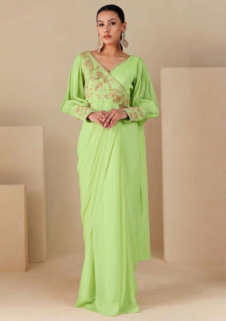 Green Handwork Pre Draped Saree Set - Indya