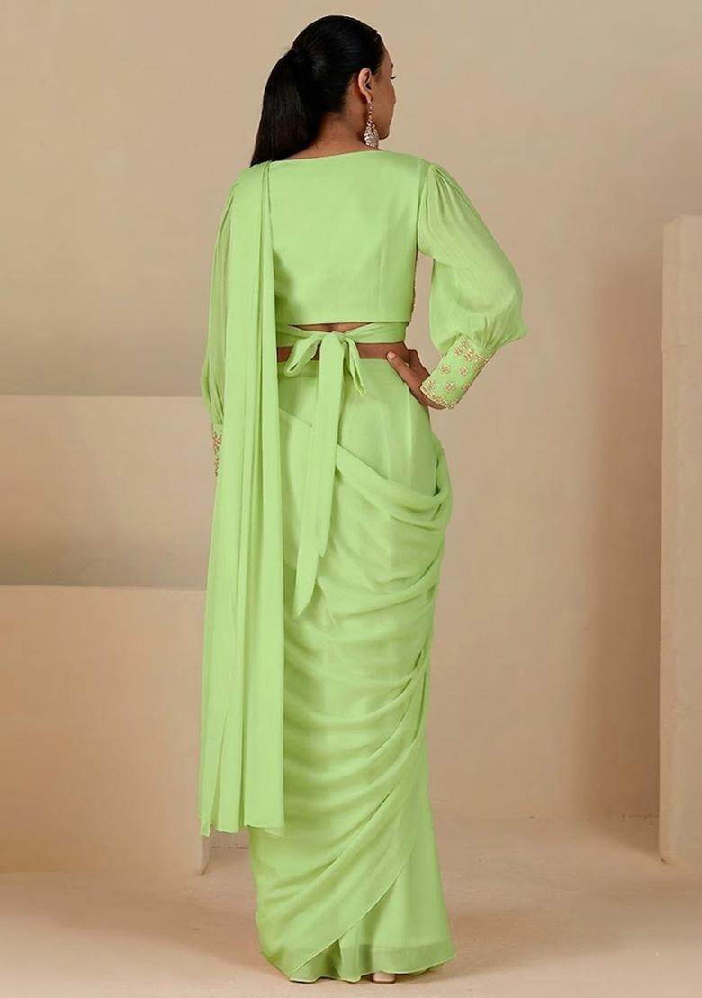 Green Handwork Pre Draped Saree Set - Indya
