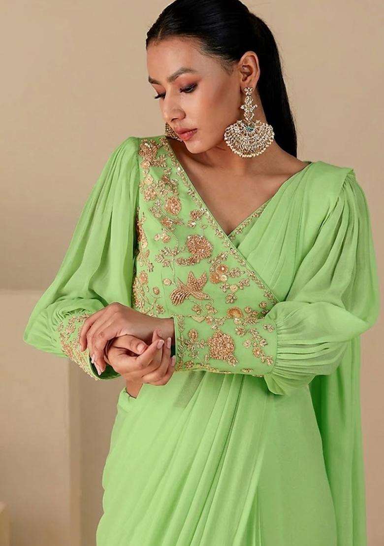 Green Handwork Pre Draped Saree Set - Indya