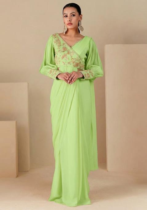 Mint Green Embroidered Handwork Pre Draped Saree Set