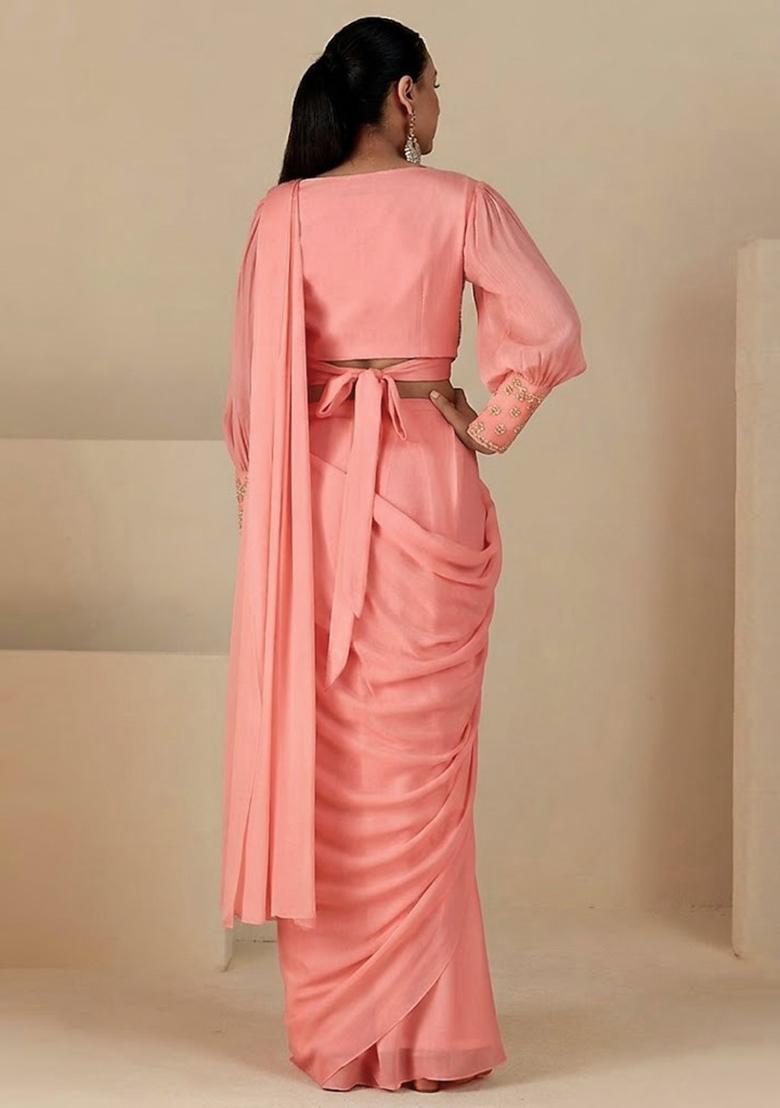 Peach Handwork Pre Draped Saree Set - Indya