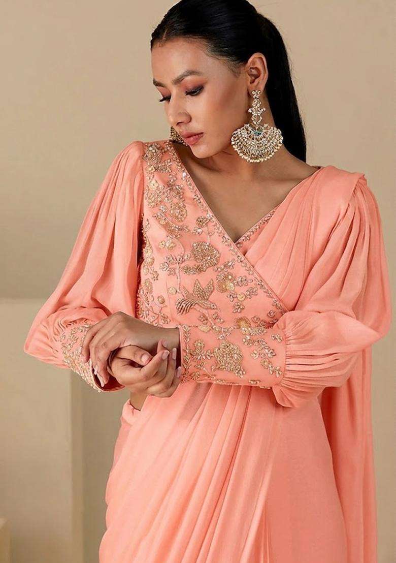 Peach Handwork Pre Draped Saree Set - Indya