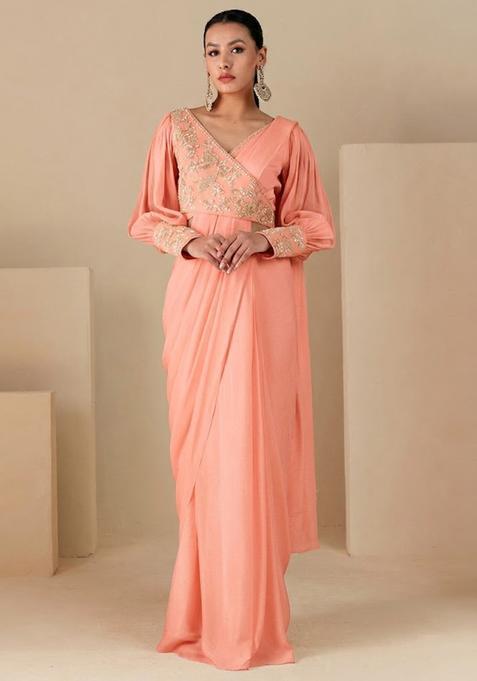 Baby Pink Embroidered Handwork Pre Draped Saree Set