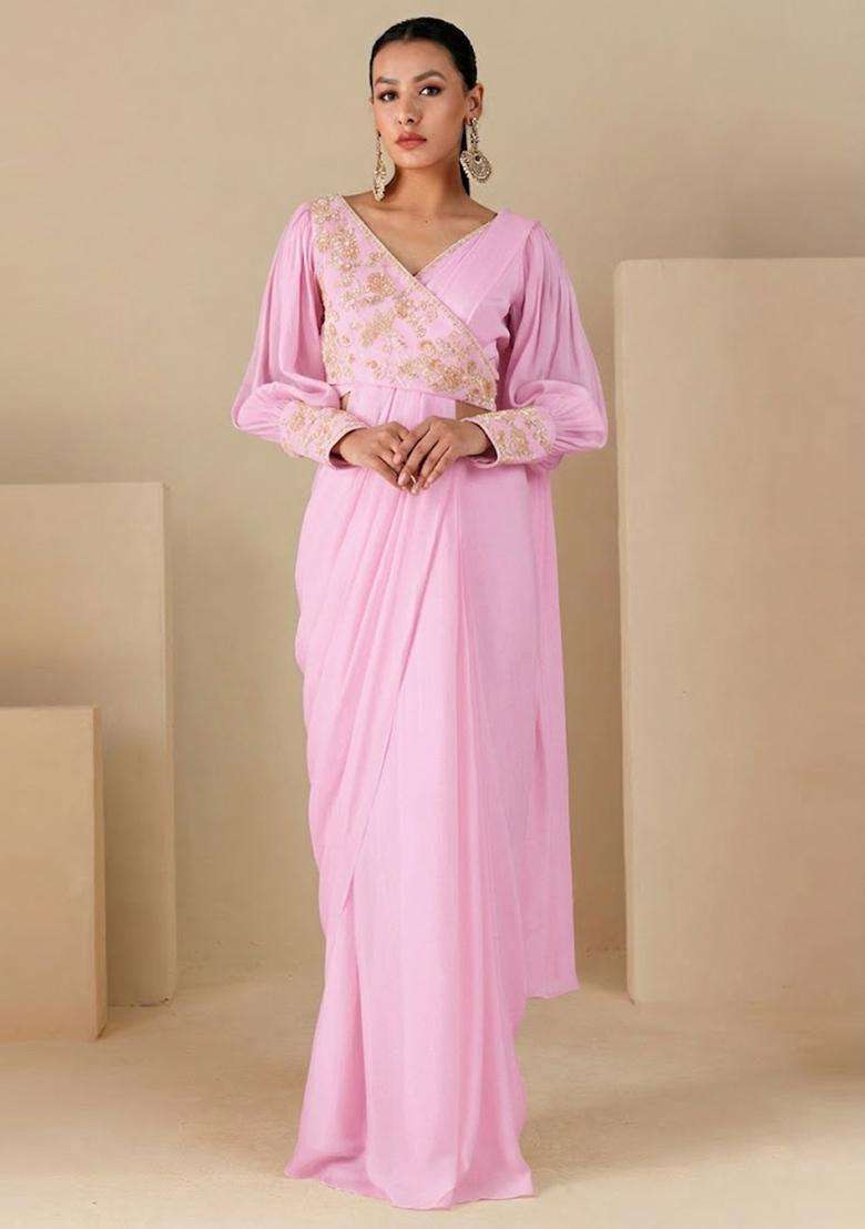 Pink Handwork Pre Draped Saree Set - Indya