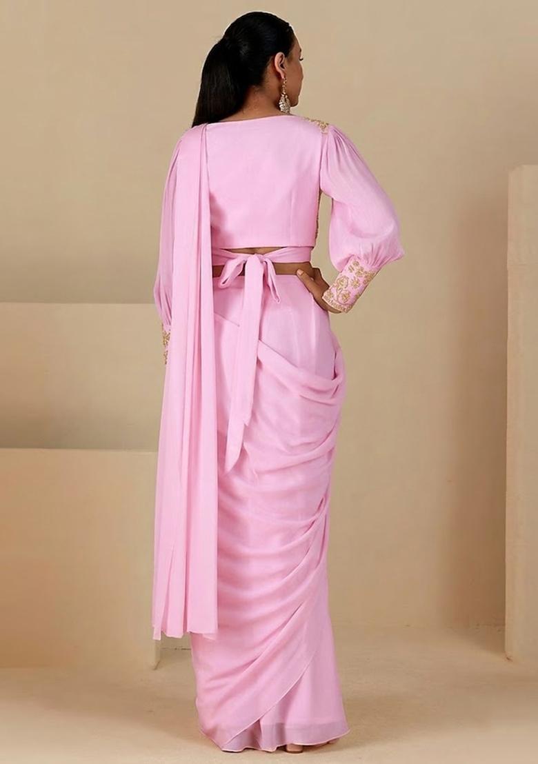 Pink Handwork Pre Draped Saree Set - Indya