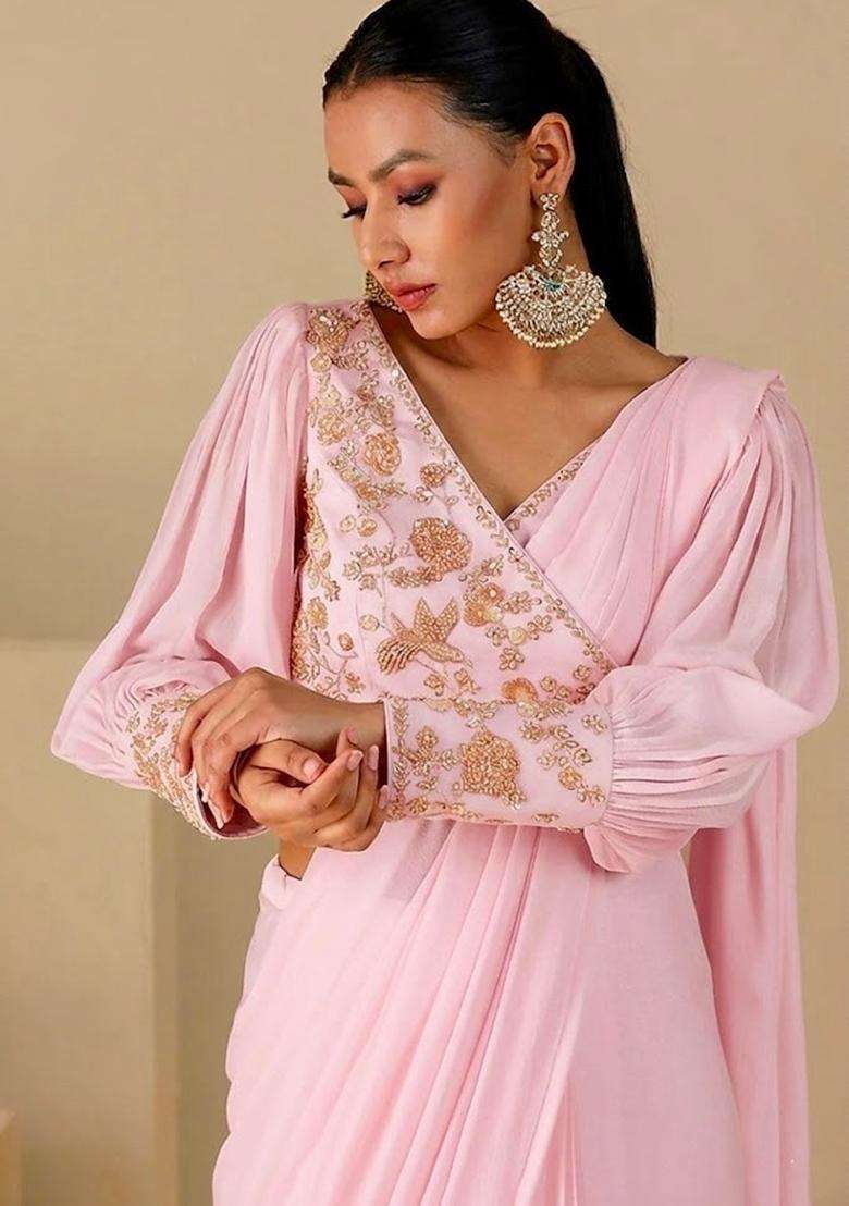 Pink Handwork Pre Draped Saree Set - Indya