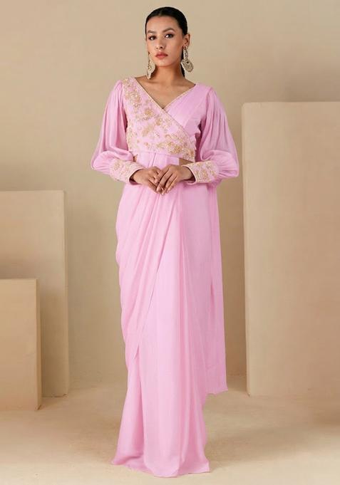 Lavender Embroidered Handwork Pre Draped Saree Set