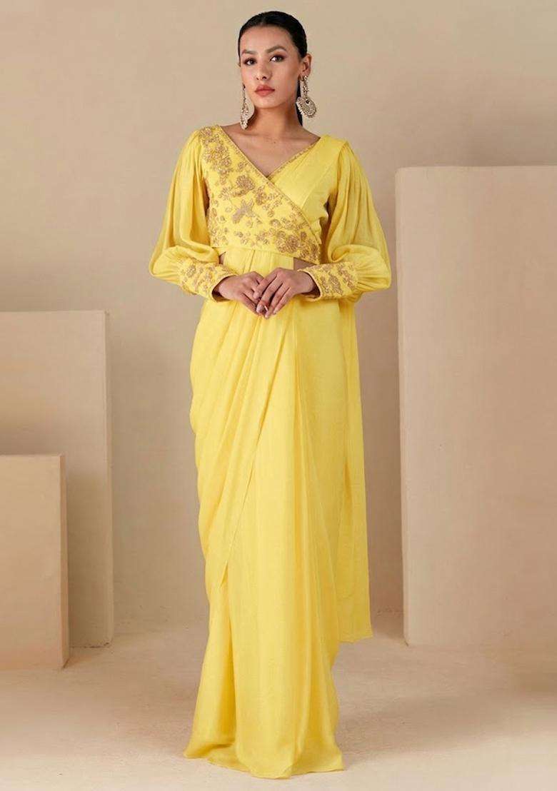 Yellow Handwork Pre Draped Saree Set - Indya