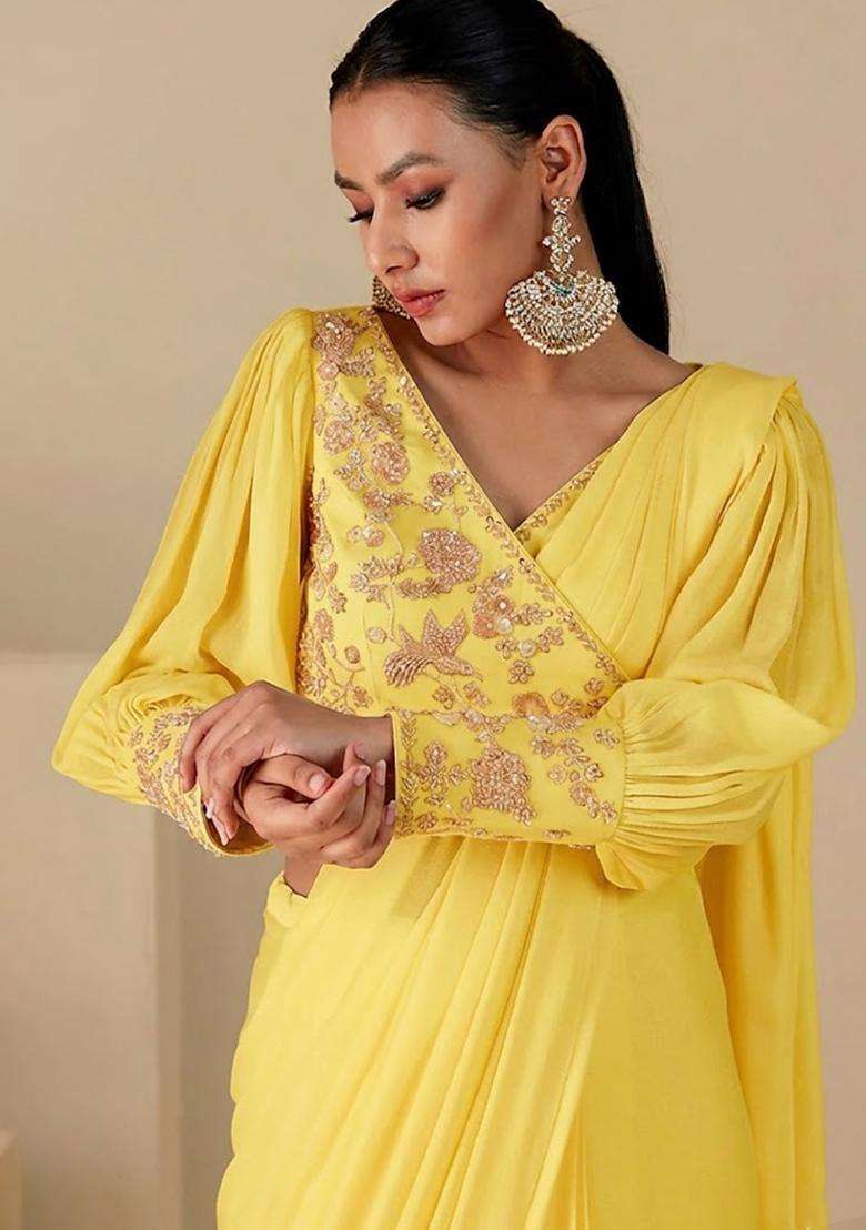 Yellow Handwork Pre Draped Saree Set - Indya