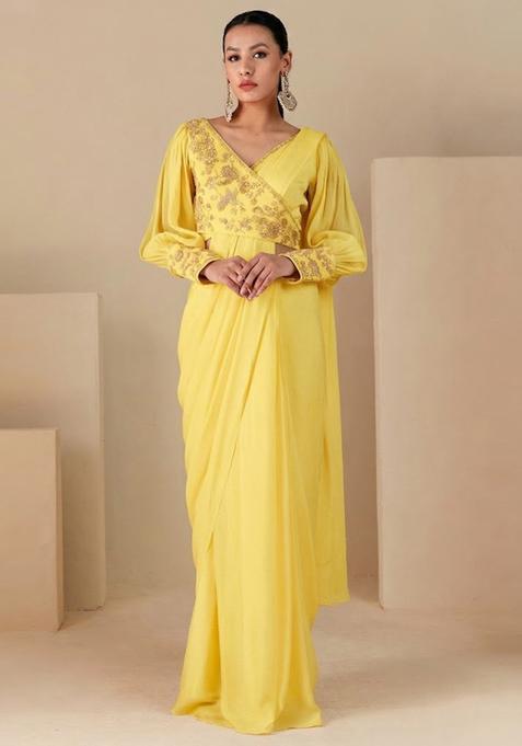 Yellow Embroidered Handwork Pre Draped Saree Set