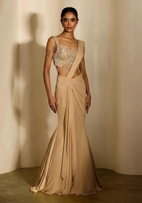 Beige Handwork Pre Draped Saree Set