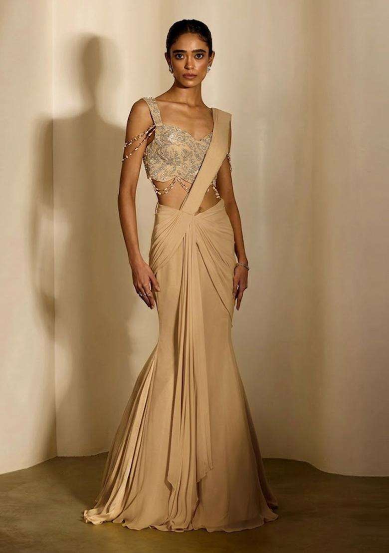 Beige Handwork Pre Draped Saree Set - Indya