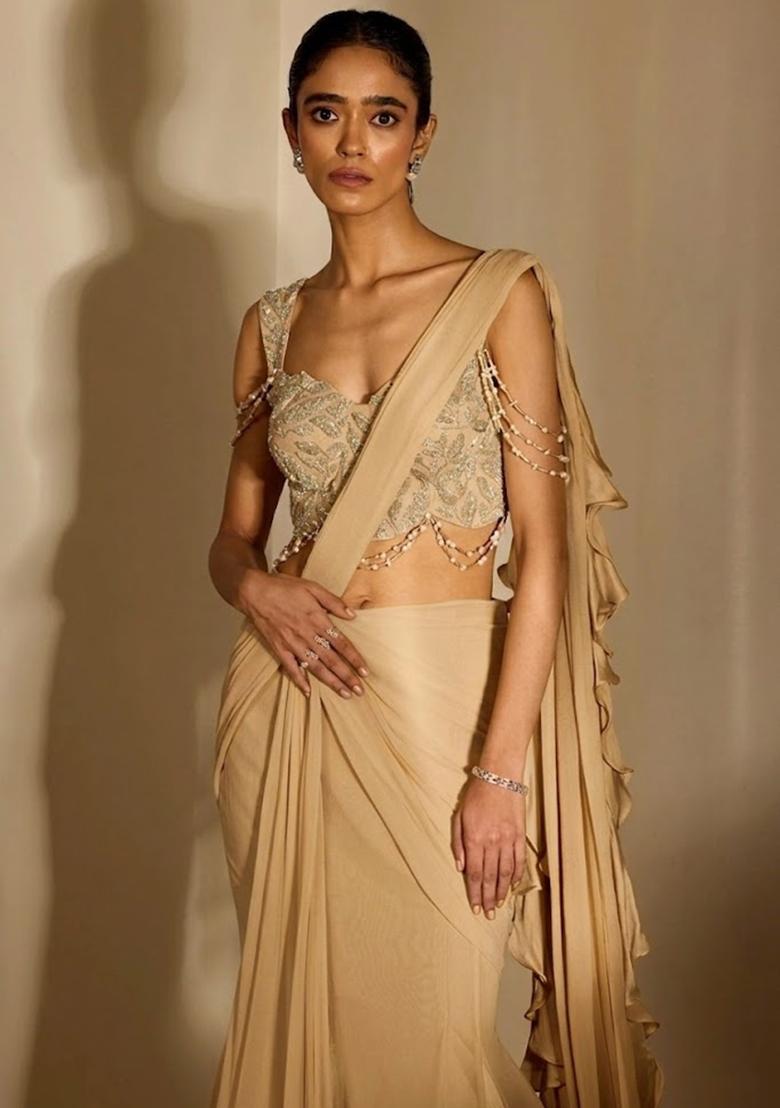 Beige Handwork Pre Draped Saree Set - Indya