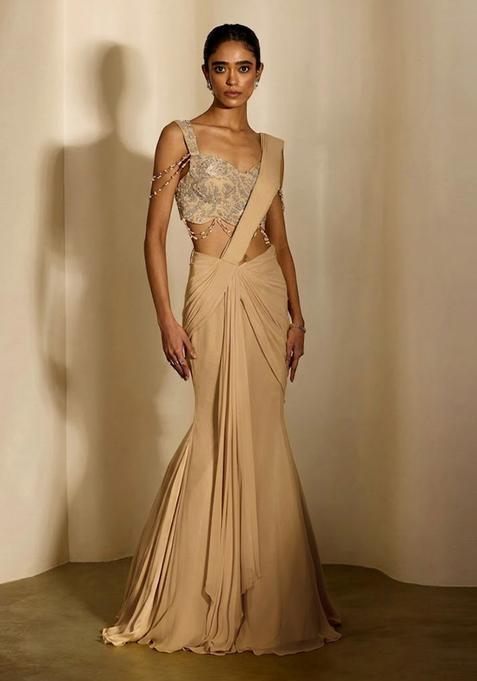 Golden Beige Embroidered Handwork Pre Draped Saree Set