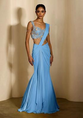 Blue Handwork Pre Draped Saree Set
