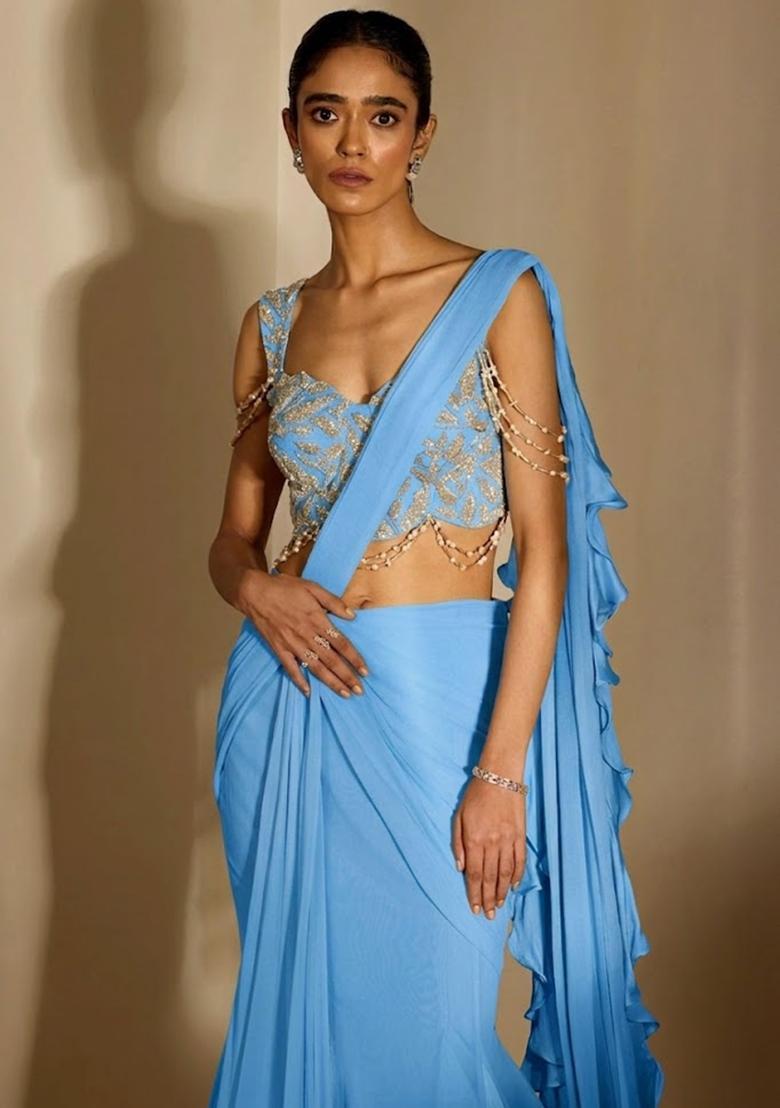 Blue Handwork Pre Draped Saree Set - Indya