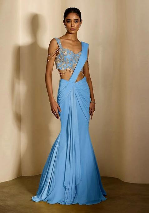 Sky Blue Embroidered Handwork Pre Draped Saree Set