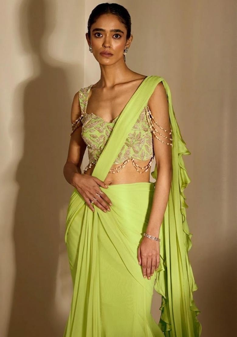 Green Handwork Pre Draped Saree Set - Indya