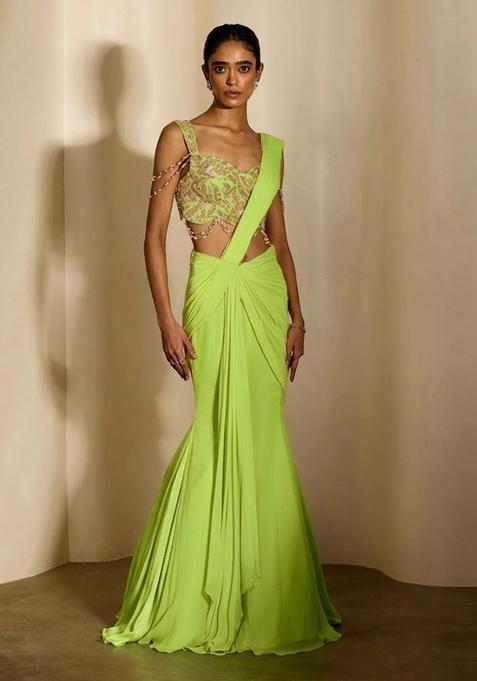Lime Green Embroidered Handwork Pre Draped Saree Set