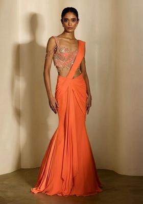 Orange Handwork Pre Draped Saree Set