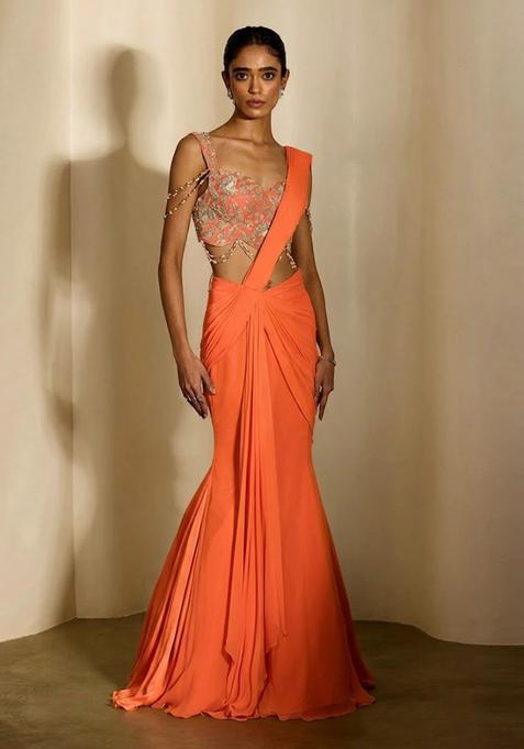 Orange Embroidered Handwork Pre Draped Saree Set