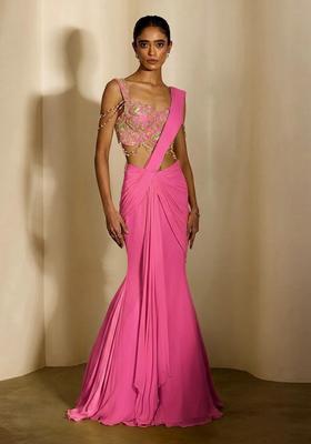 Pink Handwork Pre Draped Saree Set