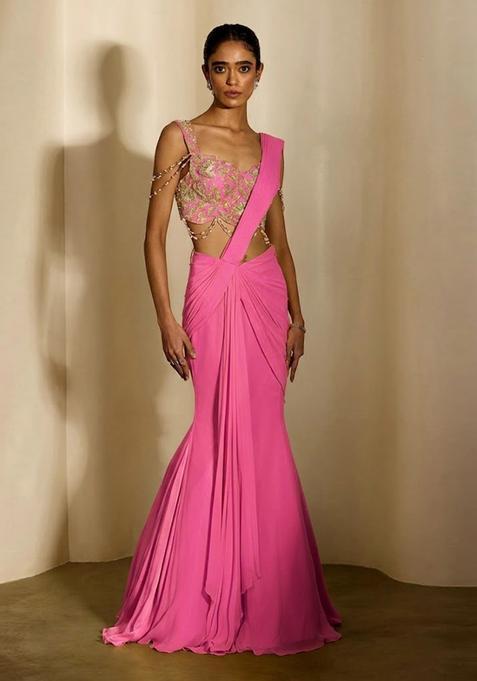 Hot Pink Embroidered Handwork Pre Draped Saree Set