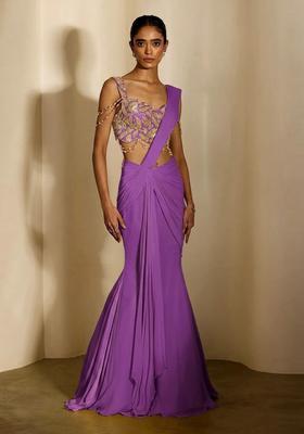 Purple Handwork Pre Draped Saree Set
