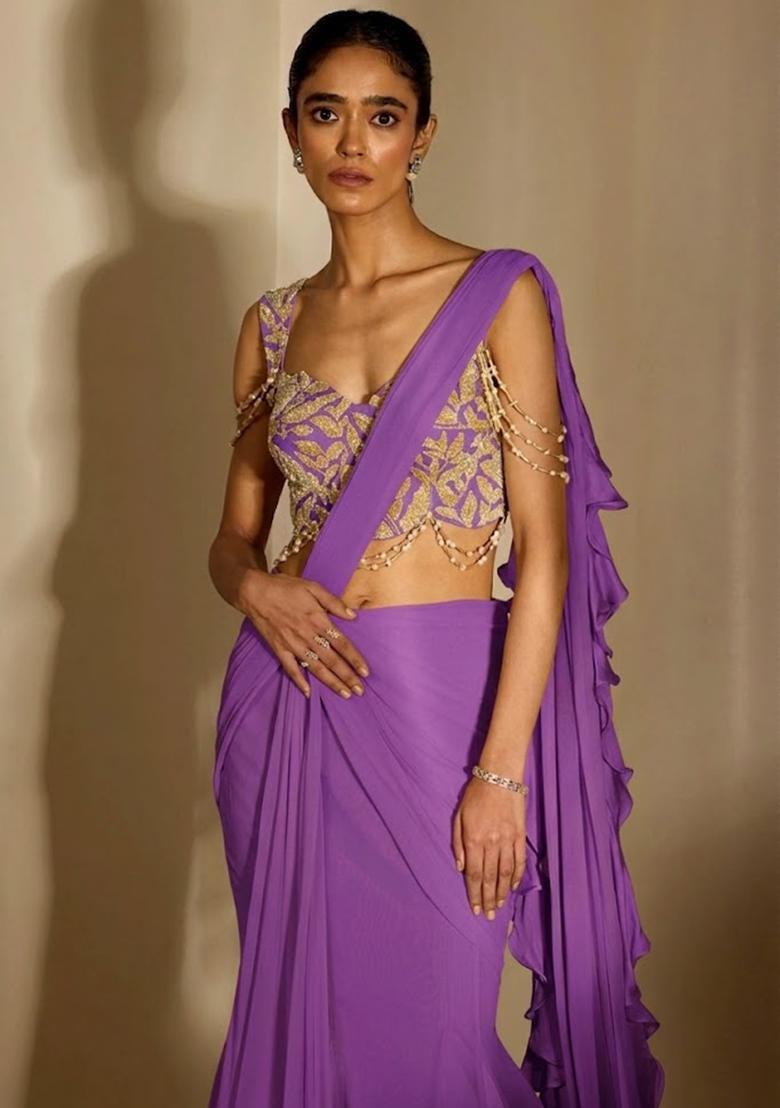 Purple Handwork Pre Draped Saree Set - Indya