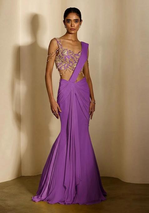 Purple Embroidered Handwork Pre Draped Saree Set
