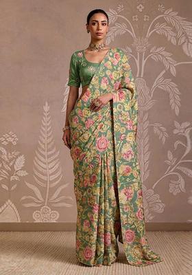 Sage Green Printed Handwork Satin Pre Draped Saree Set