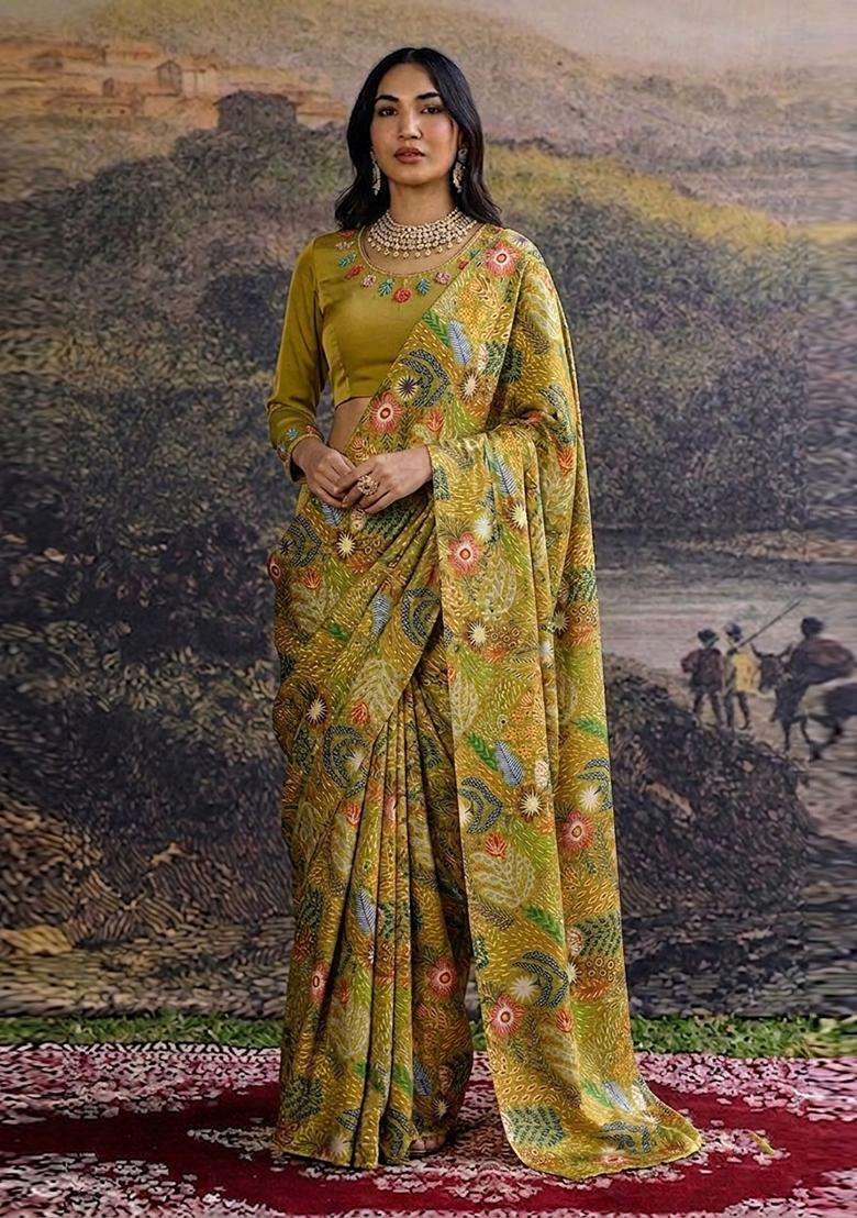 Olive Green Printed Handwork Satin Pre Draped Saree Set - Indya
