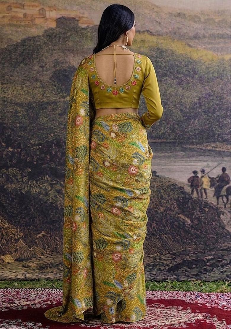 Olive Green Printed Handwork Satin Pre Draped Saree Set - Indya