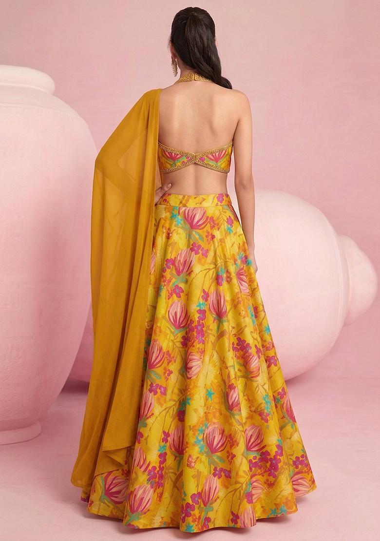 Mustard Yellow Printed Silk Lehenga Set - Indya