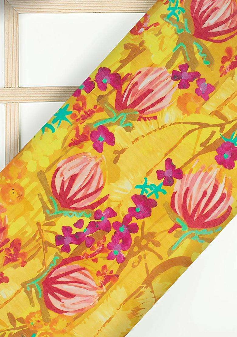 Mustard Yellow Printed Silk Blend Lehenga Set - Indya