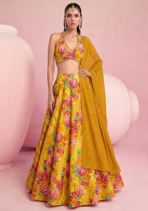 Mustard Yellow Printed Silk Lehenga Set