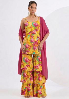 Mustard Yellow Printed Silk Fusion Set