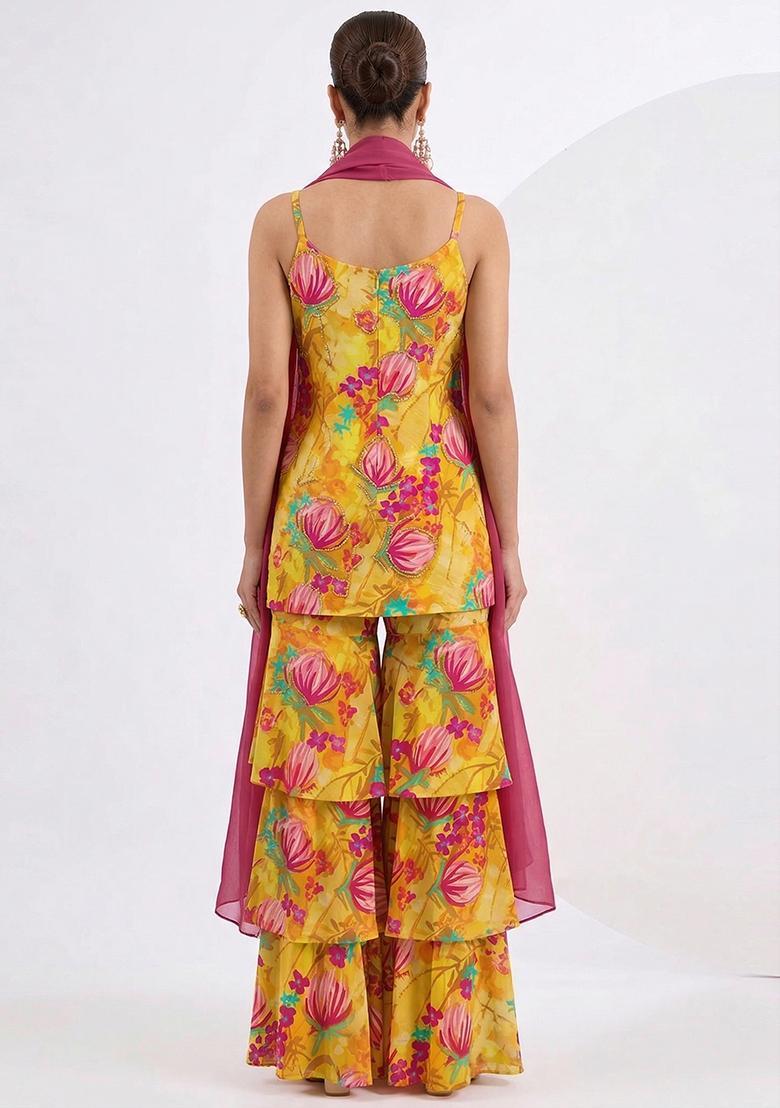 Mustard Yellow Printed Silk Fusion Set - Indya